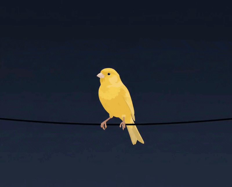 A canary on a telephone wire singing, sound waves rising from its beak